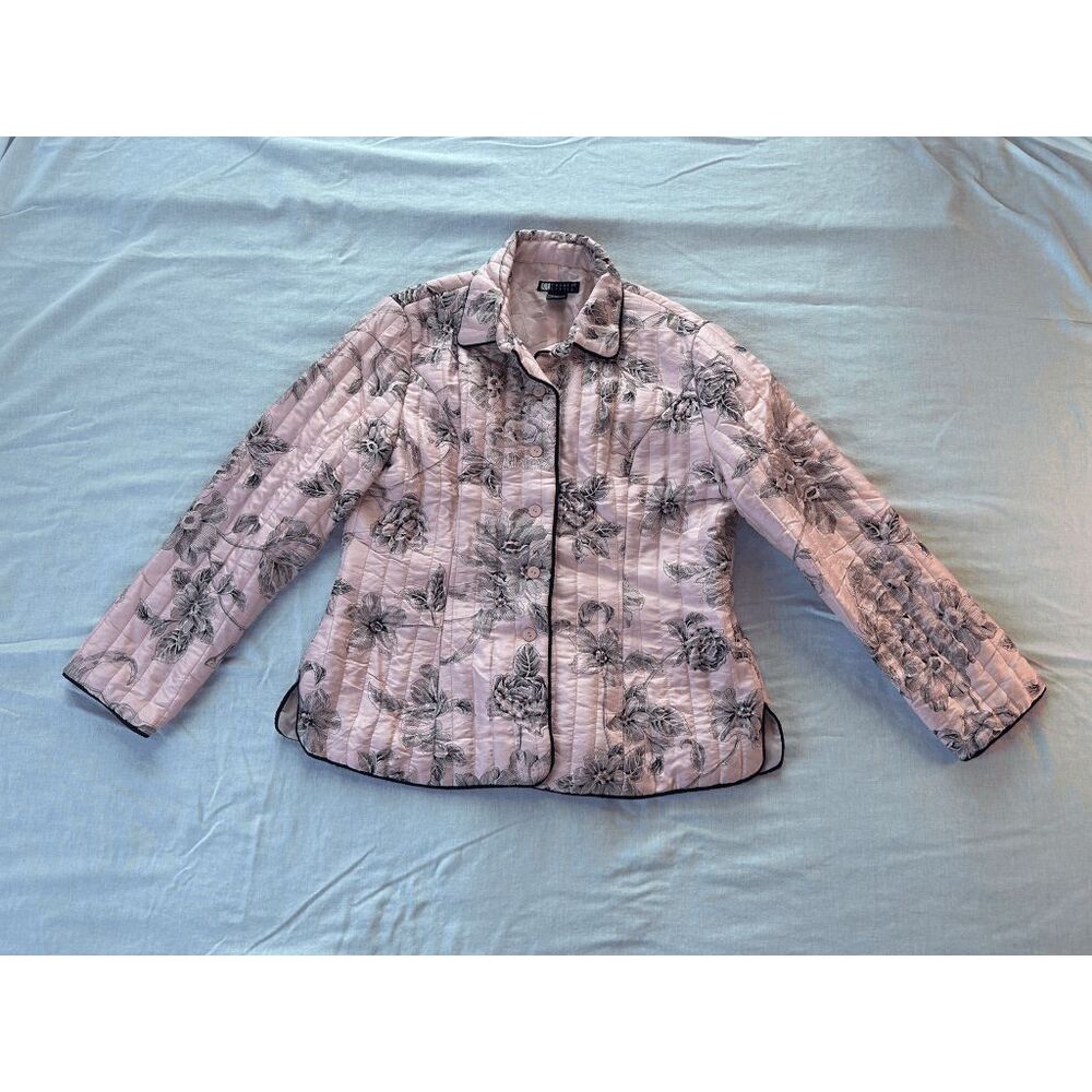 Carole Little 100% Silk Button-up Jacket, Petal Pink, Black Flowers, Large